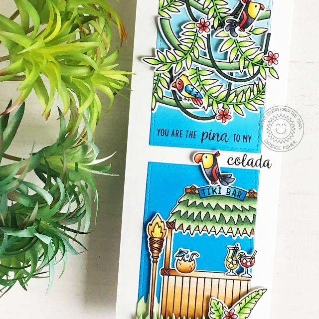 Sunny Studio Stamps: Stitched Rectangle Dies Tropical Scenes Tiki Time Outback Critters Card by Candice Fisher