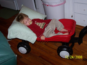 Taban asleep in his wagon