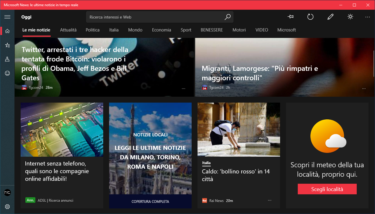 Microsoft News per Windows 10 ottiene l'integrazione di Meteo