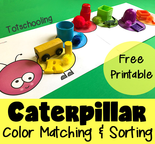 FREE color matching and sorting activity for toddlers and preschoolers featuring a caterpillar. Kids can place colored objects on top to match or sort the colors. Great Spring activity or to go along with Eric Carle's book Very Hungry Caterpillar.