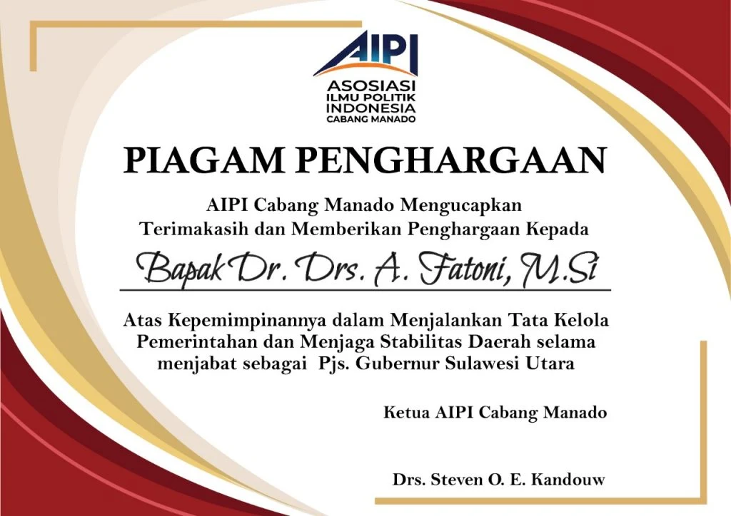 Agus Fatoni Terima Penghargaan dari AIPI Sulut
