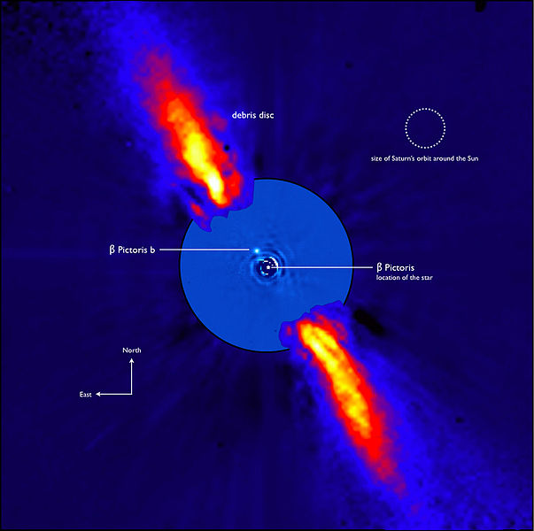 Imagem infravermelha tirada pelo Observatório Europeu do Sul, mostrando o disco de detritos e o planeta Beta Pictoris b