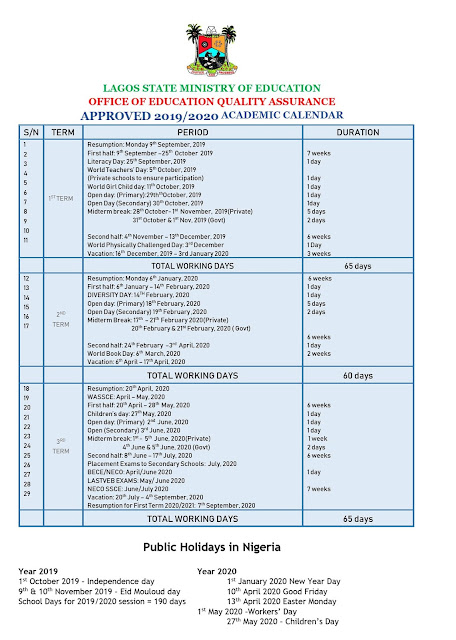 New School Academic Calendar >> Lagos State Schools Calendar 2019 2020 Public Private New School Academic Calendar >> Lagos State Schools Calendar 2019 2020 Public Private