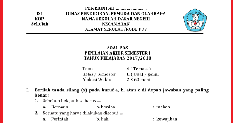 Kisi Kisi Soal PAS/UAS Kelas 2 Tema 4 Semester 1 K13 tahun