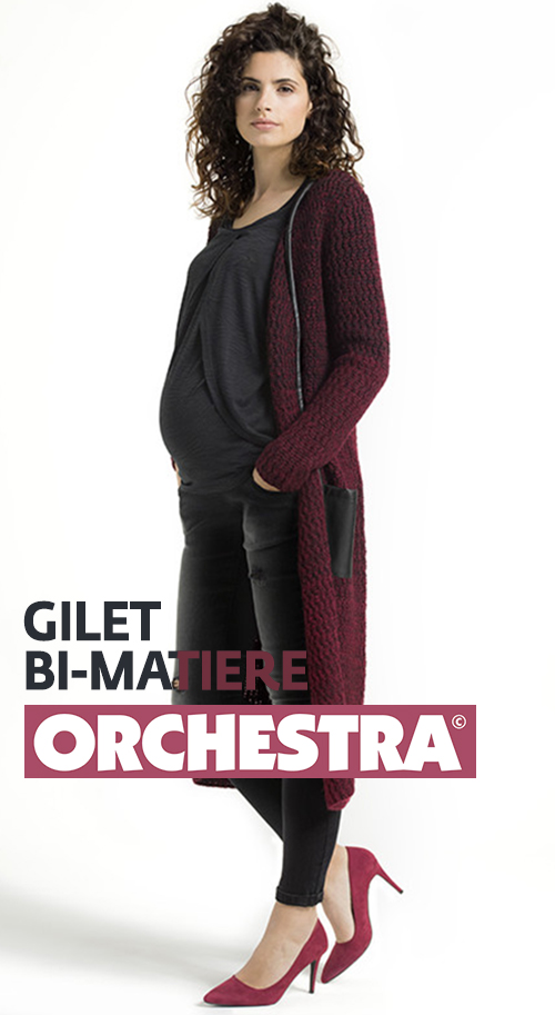 Gilet long de grossesse en maille grenat bi-mati?�re ORCHESTRA