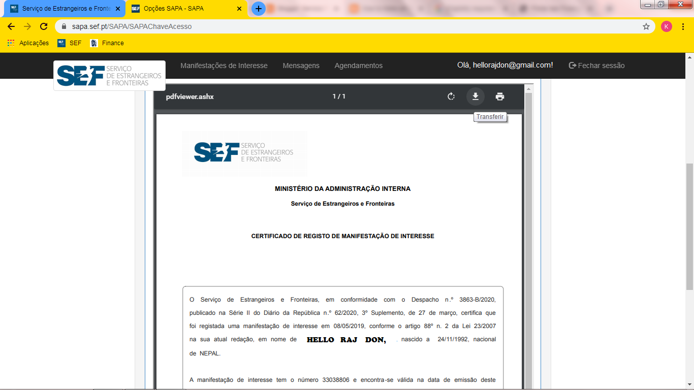 Aparentemente Viaje Transeúnte registro sef etc. a nombre de Frente a ti