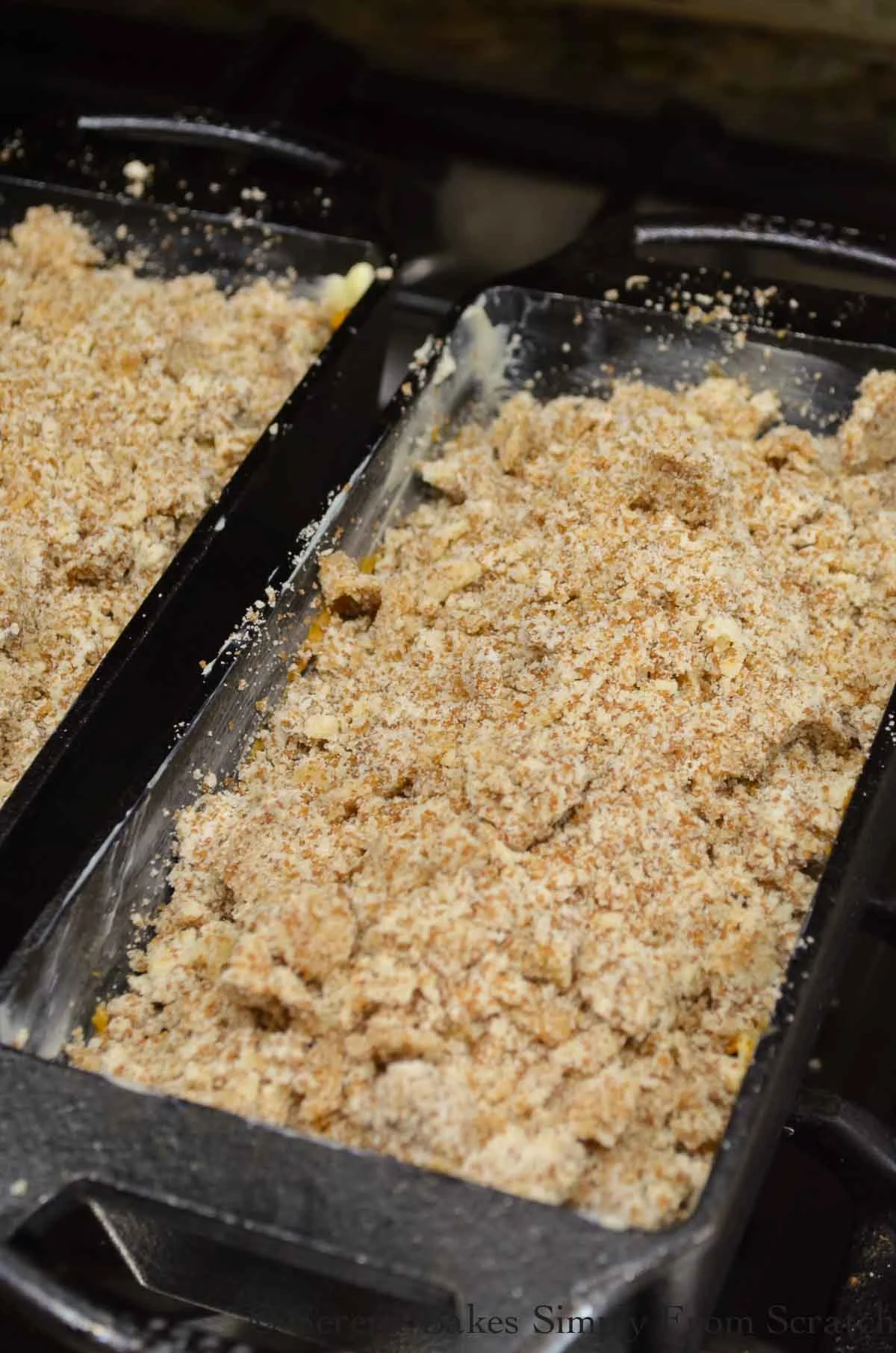 Streusel topping over the top of Pumpkin Bread batter.
