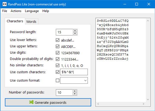 PC用のRandPassLiteパスワードジェネレータ