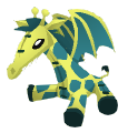 a yellow and dark teal giraffe with big dragon wings