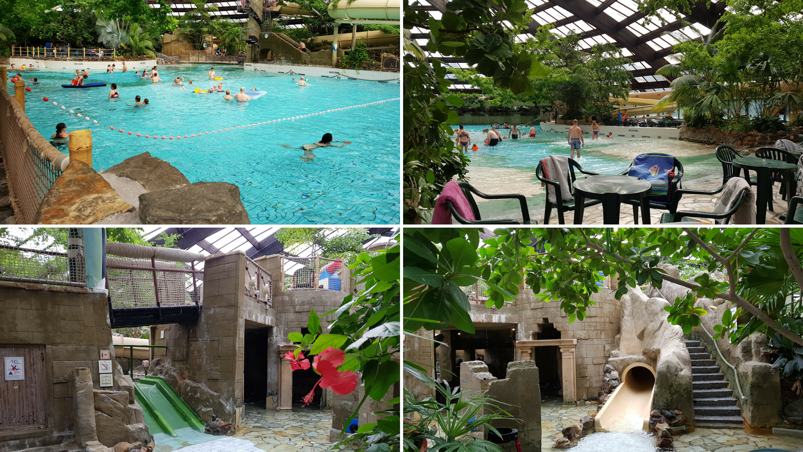 Collage of pictures of the Aqua Mundo at Center Parcs De Kempervennen Clockwise from top left: The main pool with the highest water slide in the background; view from the entrance to the pool area showing the sloping edge to the main pool and a water slide in the background; the toddler area; another view of the toddler area.