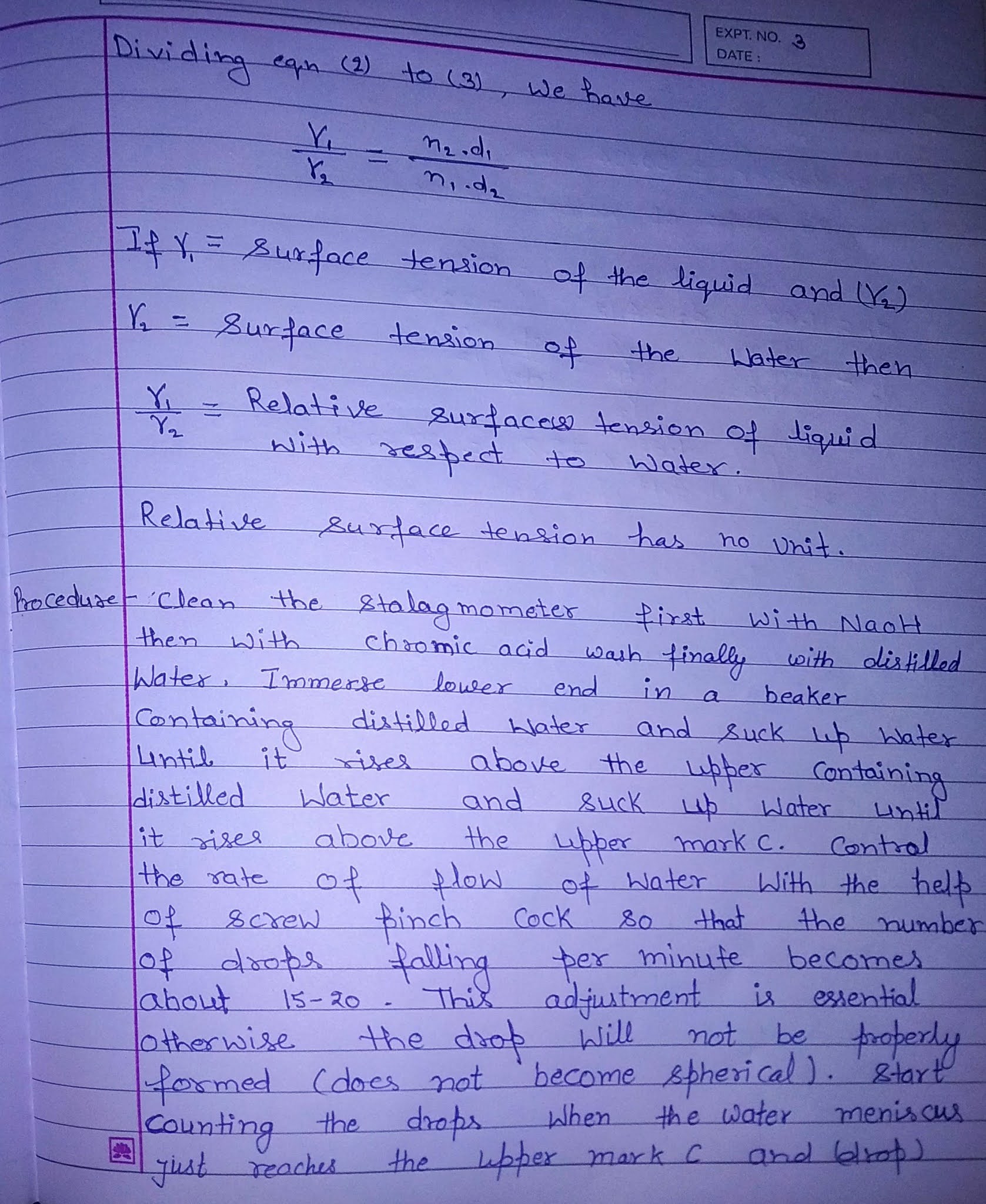 Chemistry Expriment 6 aim To determine the surface tension of a given
