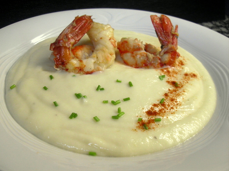 Puré de coliflor con gambas.