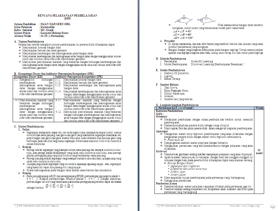 RPP 1 Lembar Matematika Wajib Kelas 12 SMA/MA Semester 1