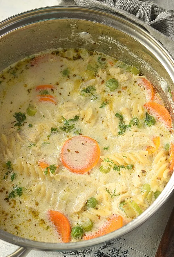 best creamy chunky chicken noodle soup in a pot