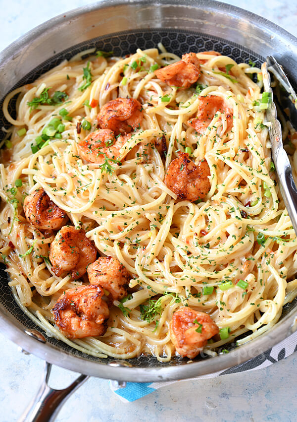 a closer look at pan with bang bang shrimp pasta