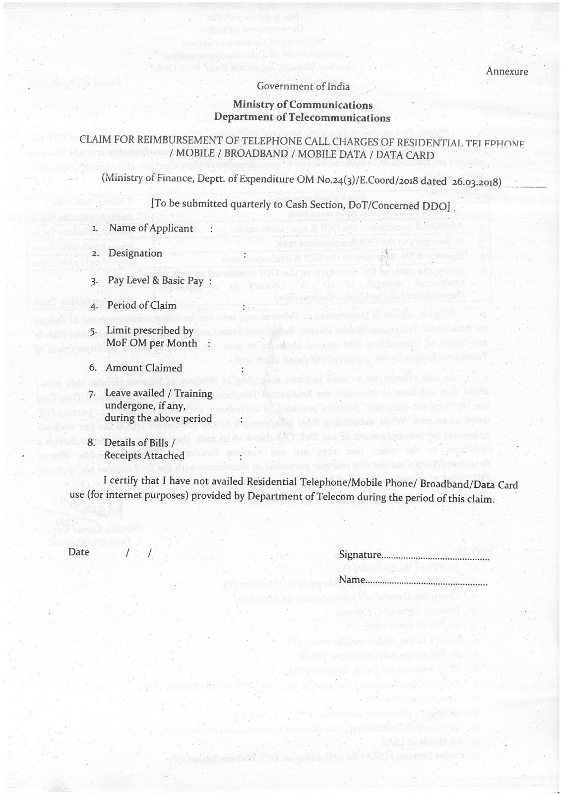Form for claiming Reimbursement of telephone call charges of Resident