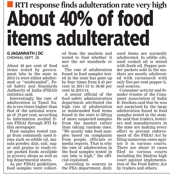 FOOD SAFETY LATEST: About 40% of food items adulterated