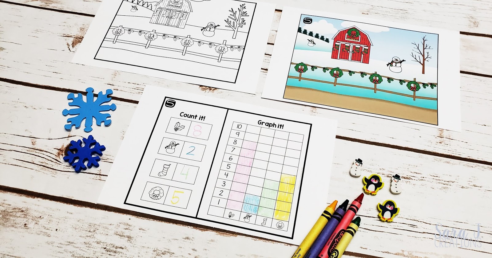  Compte de Noël imprimable gratuit et feuilles de calcul graphiques. Parfait pour le préscolaire, la maternelle ou la première année. Utilisez l'image pour créer un graphique à barres simple.