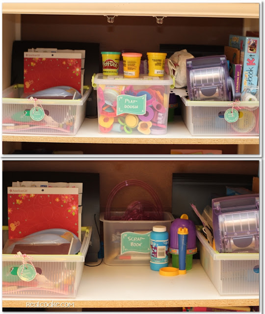 Great Craft Organization of kids craft supplies using printable labels. #Crafts #Kids #Organizing #RealCoake