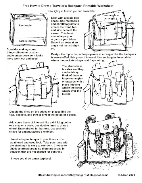 Free How to Draw a Traveler's Backpack, Art Lesson and Printable Worksheet
