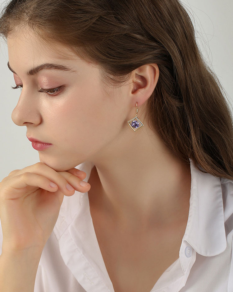 紫戀幾何鋯石水晶耳環