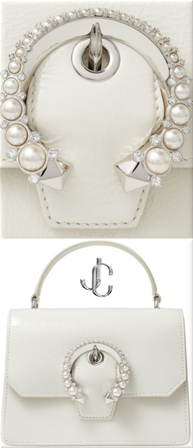 ♦Jimmy Choo Madeline satchel in latte patent textured leather with pearl buckle #jimmychoo #bags #brilliantluxury