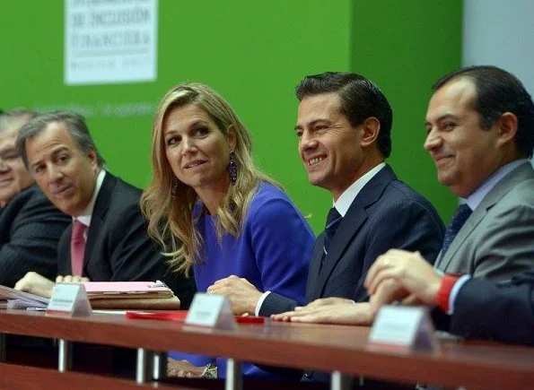 Queen Maxima met with Mexican President Enrique Pena Nieto. Maxima wore Roksanda Margot Crape dress and Gianvito Rossi suade pumps