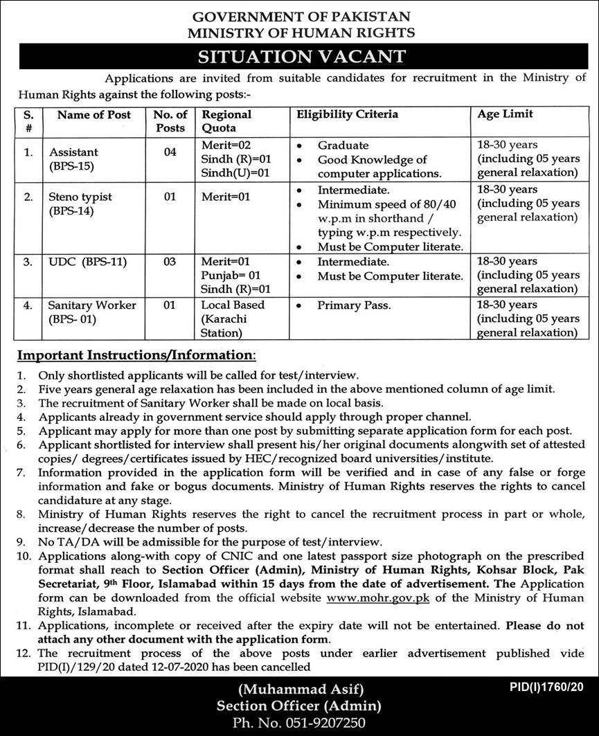 Ministry of Human Rights Jobs 2020 For Assistant, Steno Typist & more