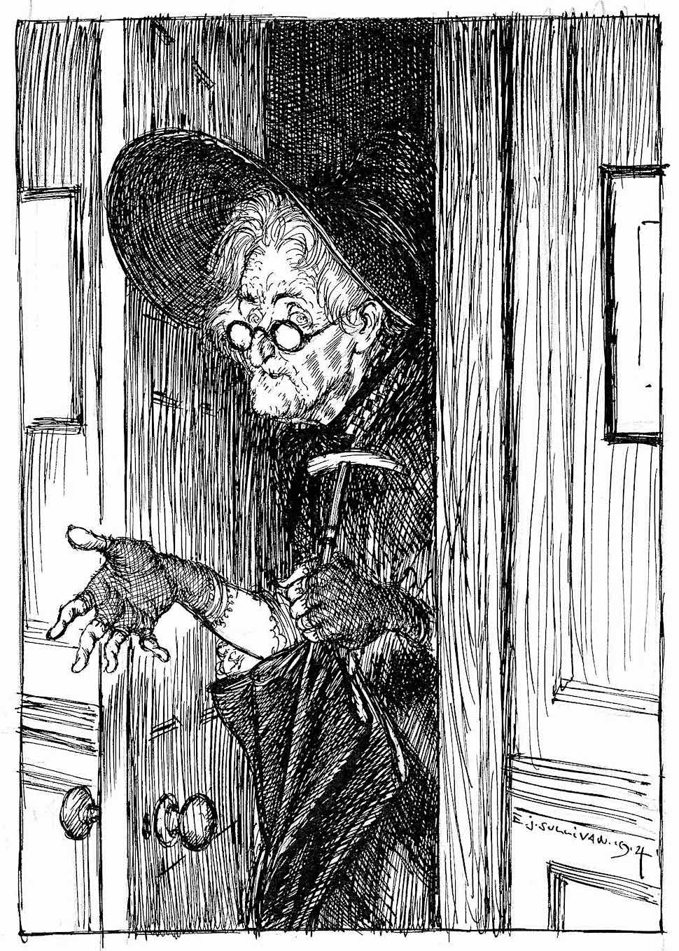 Edmund J. Sullivan 1914 an Edmund J. Sullivan 1914 illustration of a senior woman with umbrella leaving her door in bad weather, testing for rain with her hand