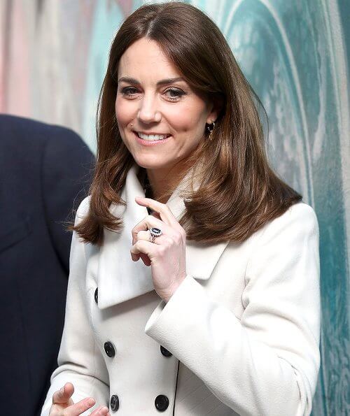Kate Middleton wore Reiss Olivia double breasted coat, Equipment slim signature polka dot shirt, Russell and Bromley boots