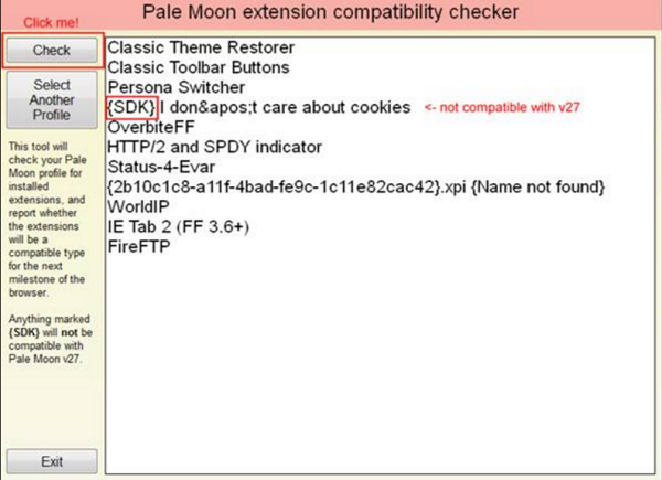 Comprobador de compatibilidad de extensiones Pale Moon