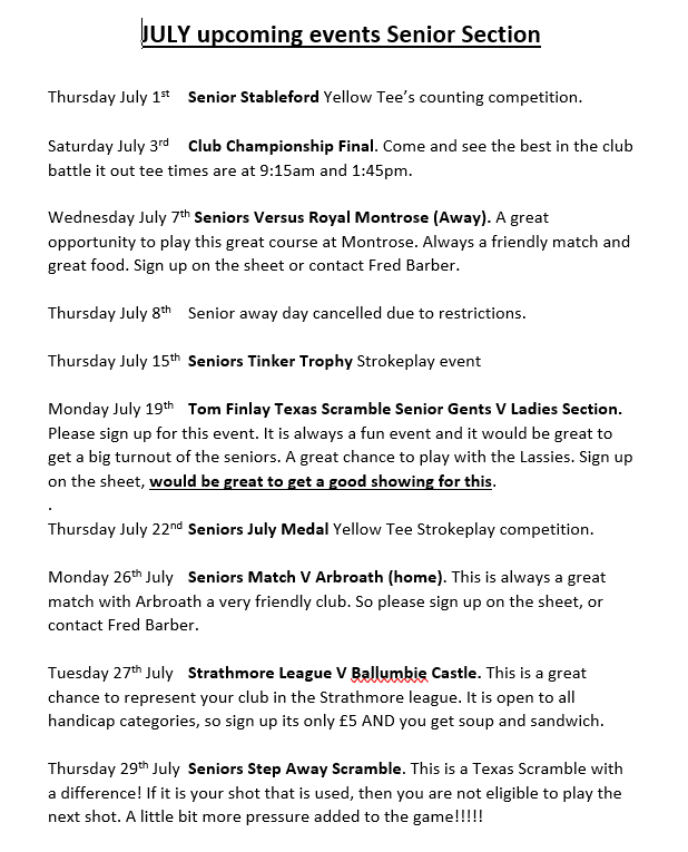 Strathmore Senior Gentlemen Golfers Upcoming Events For July 