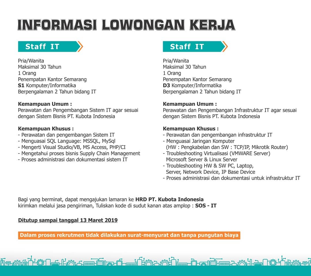 Web penyedia informasi lowongan kerja terupdate dengan tingkat keakuratan 99% hanya di KUDUSKERJA.ID kami tidak mempunyai akun sosial media selain web ini. Informasi Lowongan Semarang Kerja Loker Semarang Sebagai Staff IT di perusahaan PT. Kubota Indonesia yang berlokasi disemarang dan bergerak dalam bidang penjualan alat-alat pertanian seperti traktor dan lain-lain, informasi lengkap tentang loker ini dapat dilihat pada gambar dibawah ini Web penyedia informasi lowongan kerja terupdate dengan tingkat keakuratan 99% hanya di KUDUSKERJA.ID kami tidak mempunyai akun sosial media selain web ini. Informasi Lowongan Semarang Kerja Loker Semarang Sebagai Staff IT di perusahaan PT. Kubota Indonesia yang berlokasi disemarang dan bergerak dalam bidang penjualan alat-alat pertanian seperti traktor dan lain-lain, informasi lengkap tentang loker ini dapat dilihat pada gambar dibawah ini