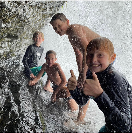 Boys, Waterfall,  Barrel of Monkeys. Fun