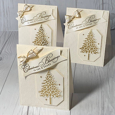Three Christmas Cards with embossed card front and a Gold Foil Christmas Tree
