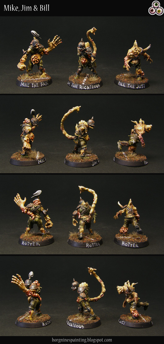 3 painted Rotters of Nurgle miniatures for use in Blood Bowl, conversions based on the official GW minis of them, visible from different angles. Their skin is pale yellow and the clothes dirty green. One on the left has big Ogre and Crypt Horror hands, representing the 'Big Hand' skill, the in the middle has a sculpted tail sticking out of his trousers, representing the 'Prehensile Tail' skill, while the one on the right has a pose where he's getting ready to kick, representing the 'Kick' skill.