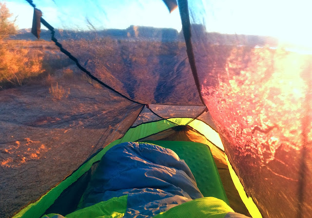 sleeping bag from inside tent in morning