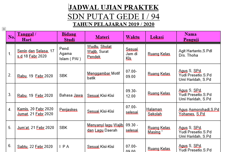 Jadwal Ujian Praktek Dan Pts Tahun Pelajaran Sdn Putat