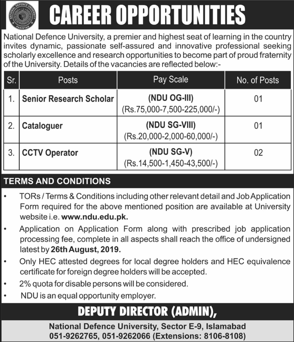 National Defence University NDU Islamabad Jobs 2019