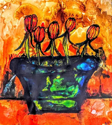 Orange Tulips in a blue Pot | Abstract Still Life by Miabo Enyadike