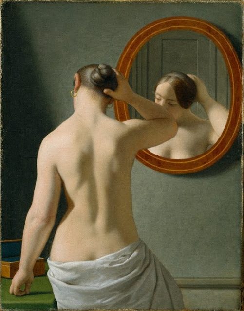 C.W. Eckersberg: En nøgen fra ryggen set kvinde sætter sit hår foran et spejl