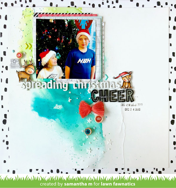 Spreading Christmas Cheer Layout by Samantha Mann for Lawn Fawn's Fawny Holiday Week, Lawn Fawn, Scrapbook, Layout, Christmas, Mixed Media, Watercolor #scrapbook #layout #christmas #lawnfawn #fawnyholidayweek #mixedmedia