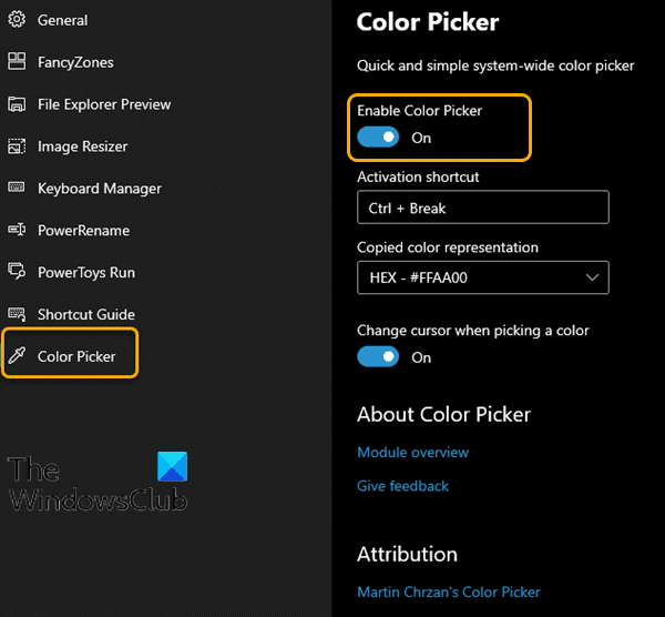 Module de sélection de couleurs dans Windows PowerToys