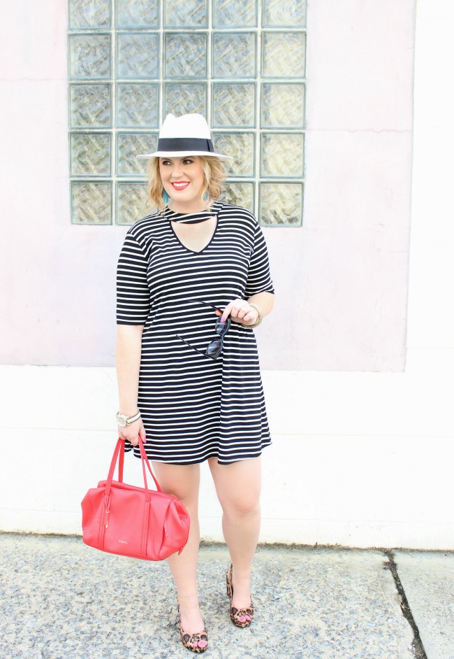 black and white striped dress leopard wedges Vera Bradley leather bag