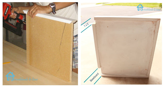 1x2 are nailed to plywood to create vertical supports for bench