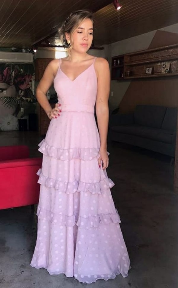 vestido longo com estampa de poás