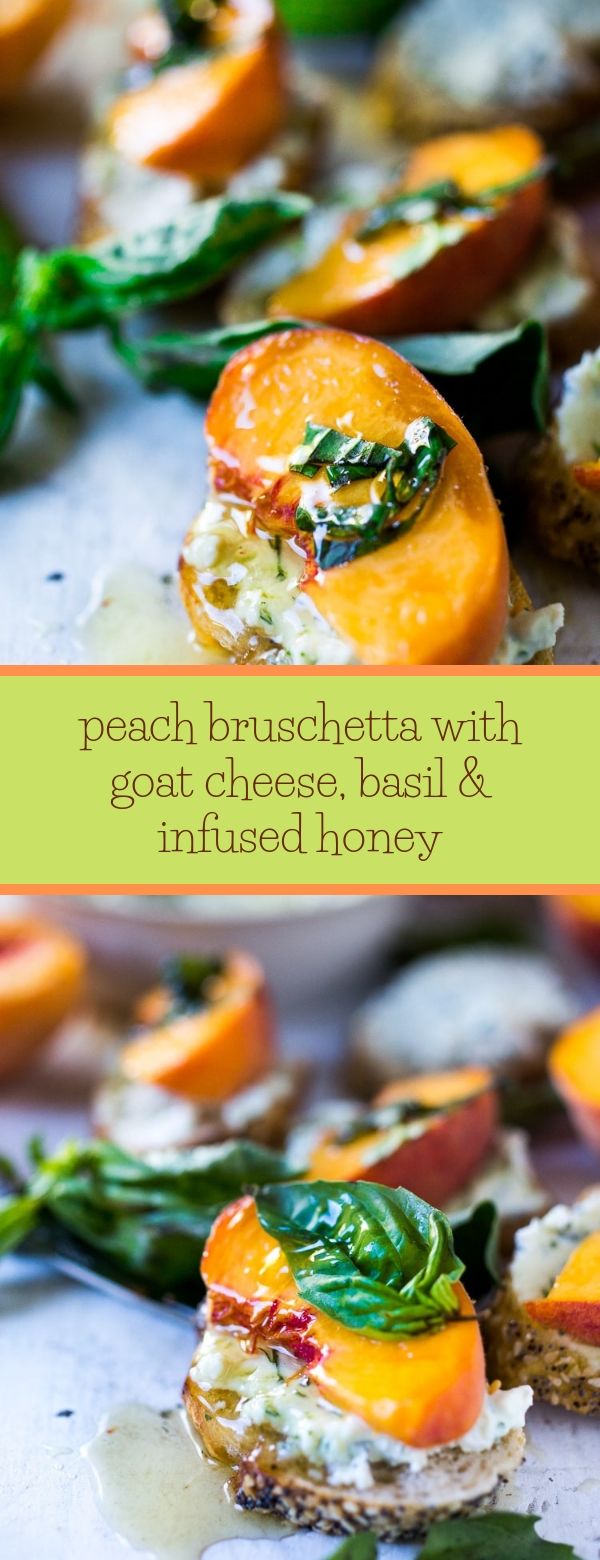 peach bruschetta with goat cheese, basil & infused honey