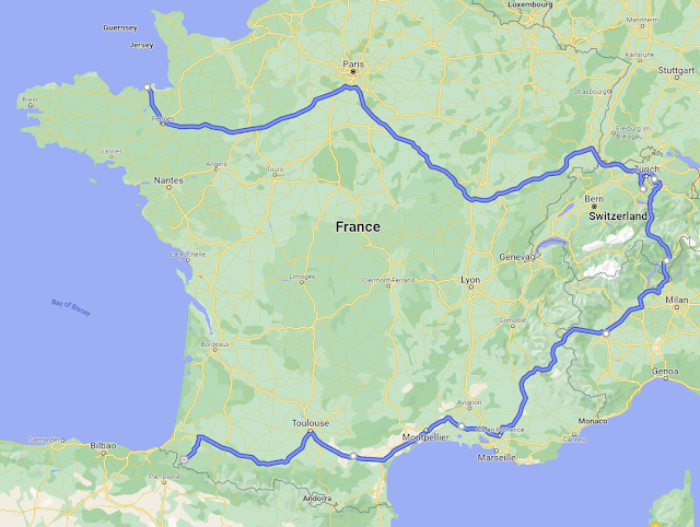 Map showing my route from St Malo to Saint-Jean-Pied-de-Port in the SW French Pyrenees via Switzerland and Italy