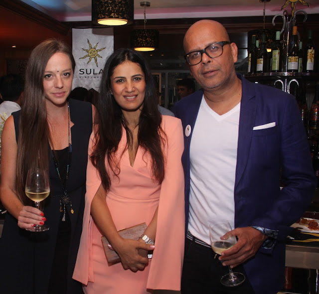 Cecilia Oldne, VP Marketing and Global Brand Ambassador, Sula Vineyards with Celebrity Fashion Designer Narendra Kumar and a friend at Sula Selections 'Globe in a Glass' Roadshow 2016 Cecilia Oldne, VP Marketing and Global Brand Ambassador, Sula Vineyards with Celebrity Fashion Designer Narendra Kumar and a friend at Sula Selections 'Globe in a Glass' Roadshow 2016