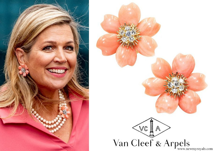 Queen Maxima wore Van Cleef & Arpels Rose De Noel Flower Coral Earrings